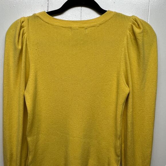 Lolla Rose Puff Shoulder Women's Ribbed Yellow Sweater Size Medium Stretch - Picture 6 of 10